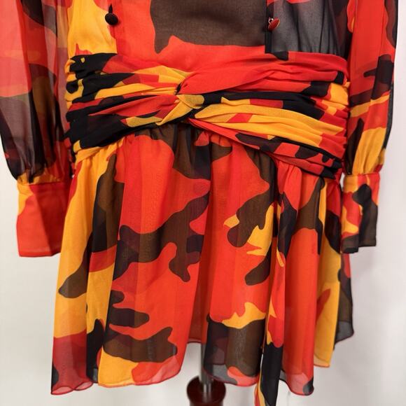 Dsquared2 Camouflage Print Bow Neck Sheer Dress Red Orange Size 38 US 2 - Picture 4 of 12